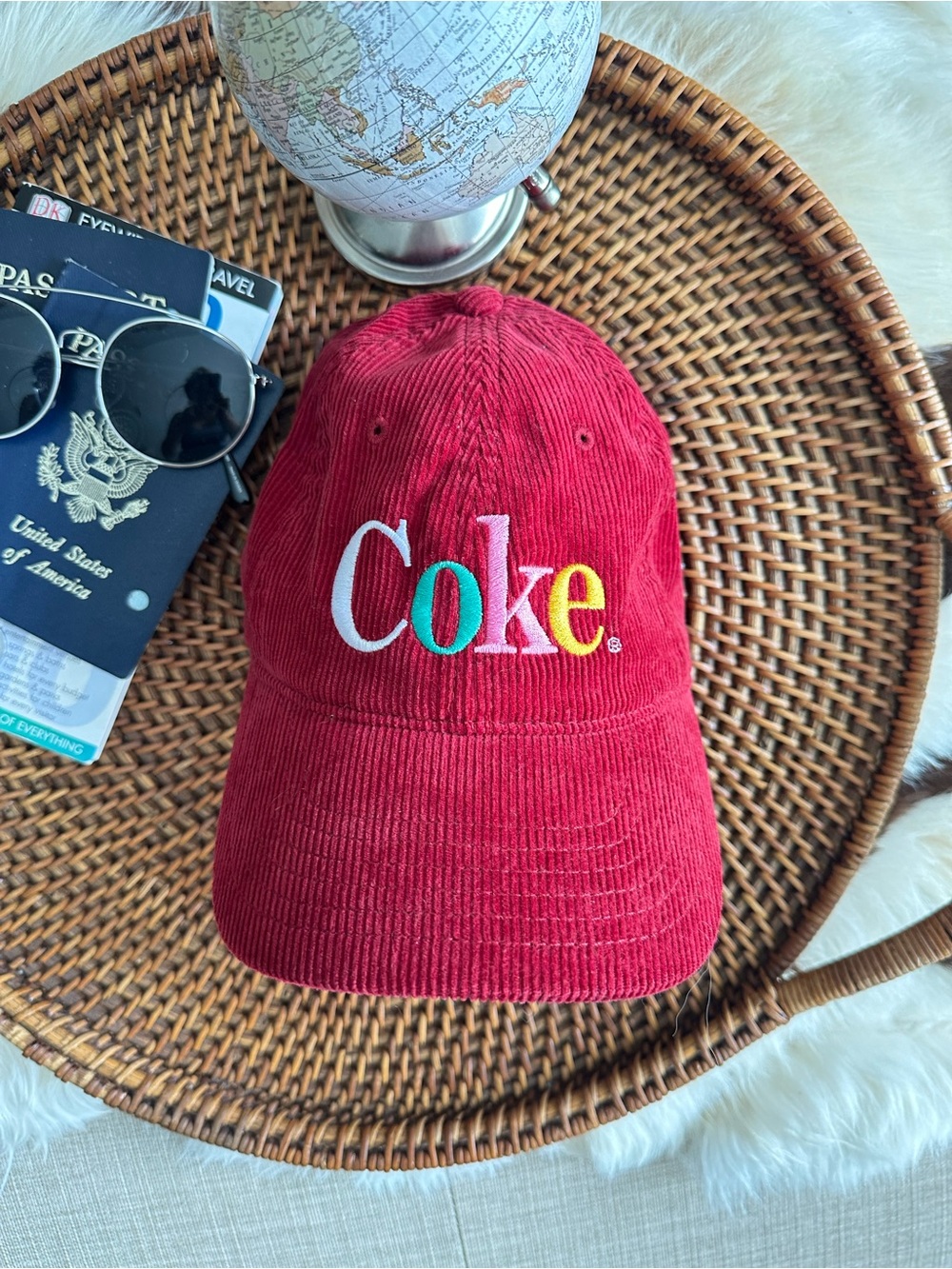 Coca Cola “Coke” Red Multicolor Embroidered Corduroy Adjustable Baseball Cap